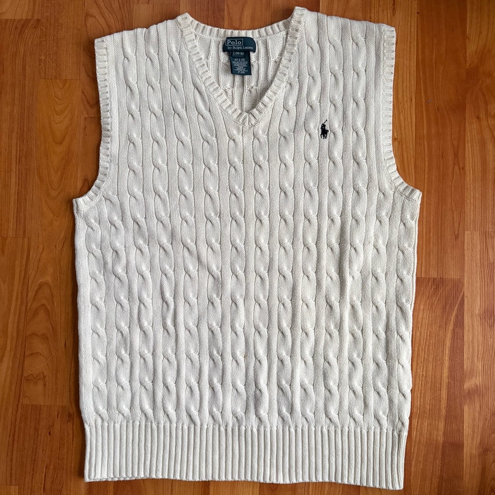 Ralph Lauren V-Neck Cream White 100% Cotton Cable Knit Sweater Vest Size Large